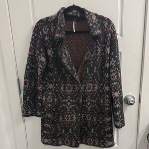 Free People Black Aztec Geo Print Long Cozy Jacket Wool Alpaca Blend Size XS